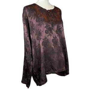 CP Shades Hand Dyed Brown Floral Jacquard Blouse Rayon‎ Satin Size Small